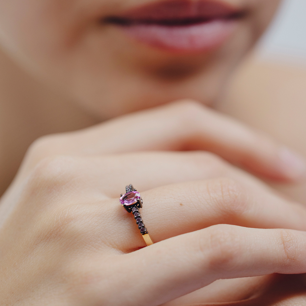 Anillo LADY Rodio Zafiro Rosa Oval y Zafiros Rosas OA