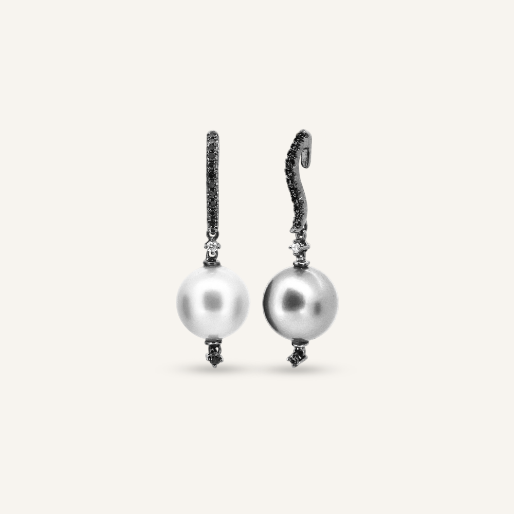 Pendientes FLORIS Rodio negro con Brillantes negros, Perlas Australianas y Tahití OB