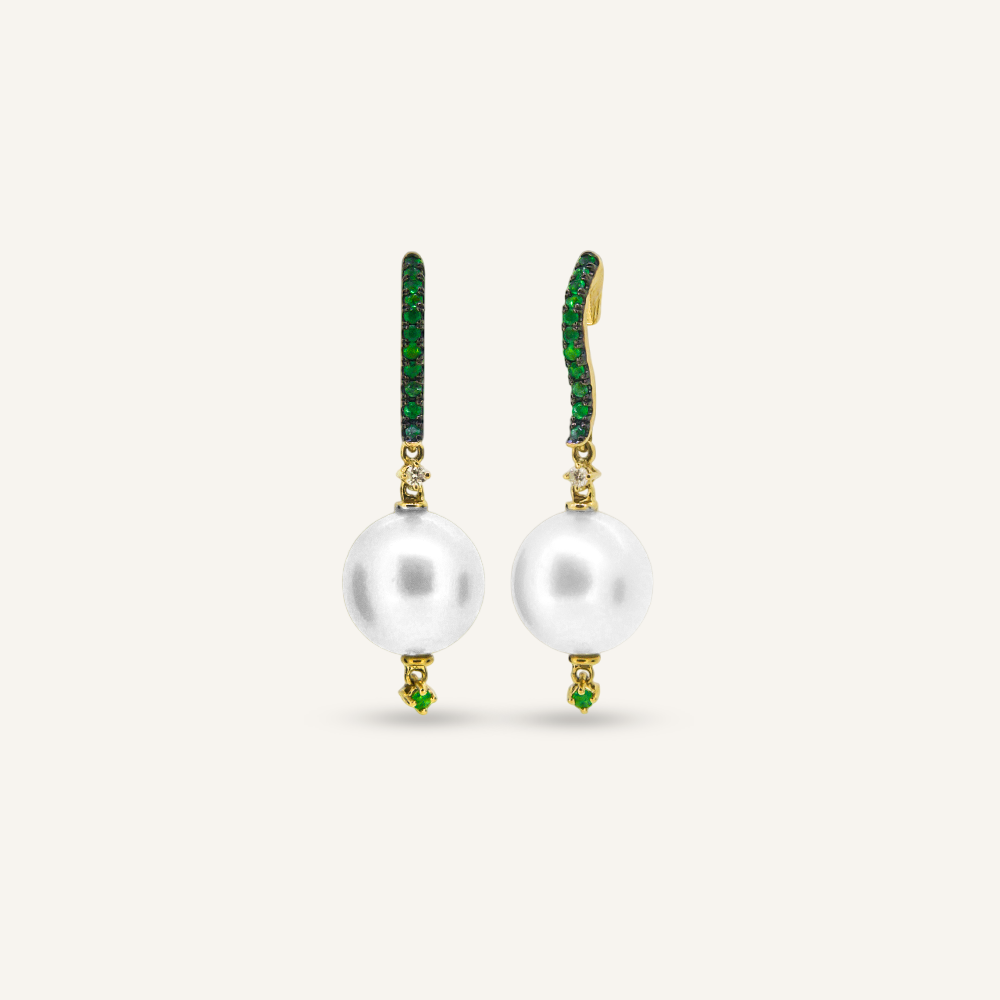 Pendientes FLORIS Esmeraldas, Brillantes, Perlas australianas OA