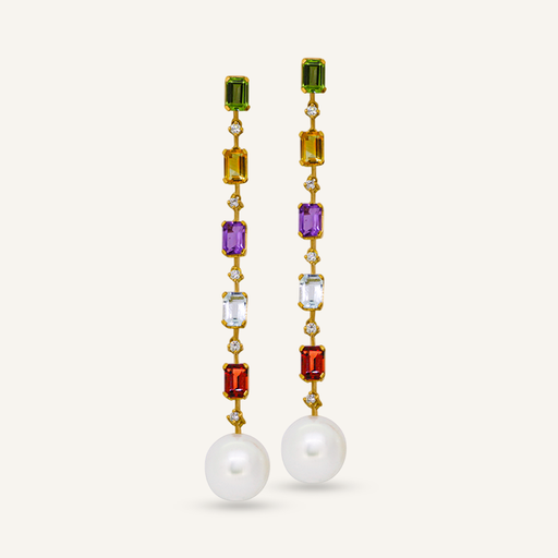 [PENDRBW5RBWYG] Pendientes RAINBOW Five Piedras multicolor y brillantes con perlas australianas OA