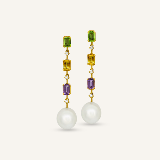 [PENDRBW3RBWYG] Pendientes RAINBOW Three Piedras multicolor y brillantes con perlas australianas OA