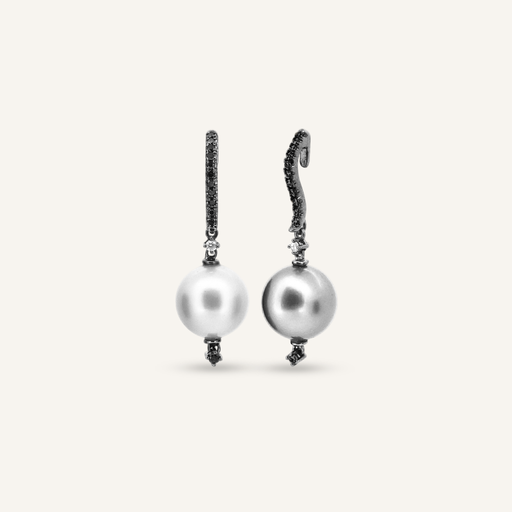 [PENDFLOBLKA/TWG] Pendientes FLORIS Rodio negro con Brillantes negros, Perlas Australianas y Tahití OB