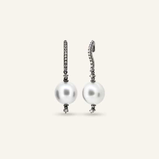 [PENDFLOBRAUSWG] Pendientes FLORIS Rodio negro con Brillantes y Perlas Australianas OB