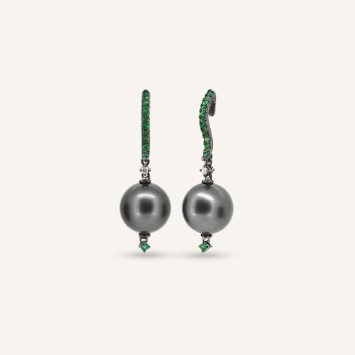 [PENDFLOESTHTWG] Pendientes FLORIS Rodio Negro con Esmeraldas, Brillantes y Perlas Tahití OB